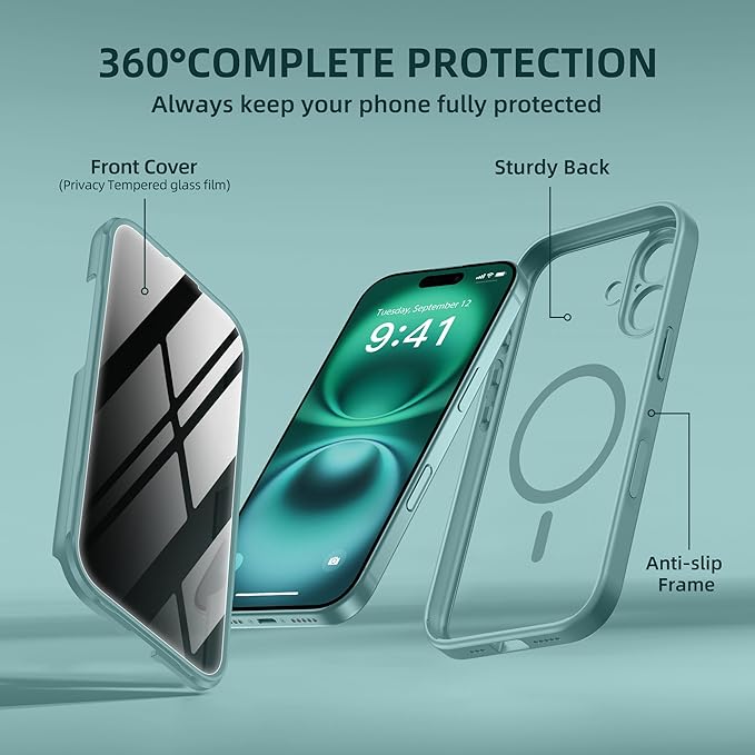 BERFY Magnetic for iPhone 16 Case, Compatible with MagSafe, Built-in Privacy Screen Protector and Upgraded Camera Protection, Anti-Spy Full Body Shockproof Phone Case for 16 6.1", Green