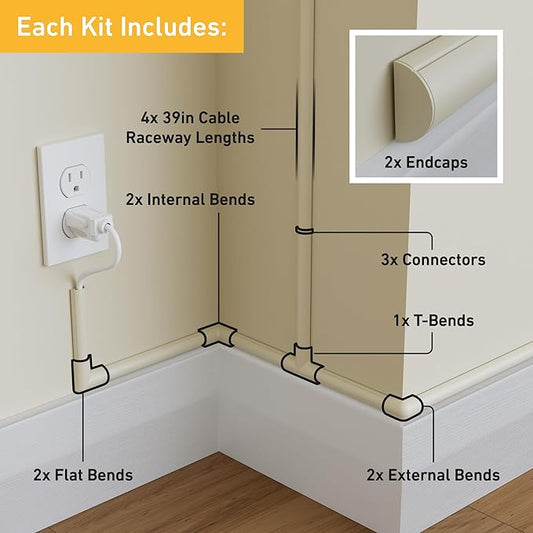 D-Line 13.12ft Cord Hider Kit, Patented Cable Cover, Hide Wires on Wall, Channel for TV Mount Cords, Raceway Wire Hiders, Paintable, Adhesive, Half Round, 4X 0.78in W x 0.39in H x 39in Lengths, Beige