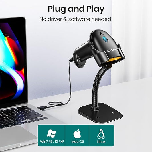 Anyeast Barcode Scanner with Stand: USB Wired Inventory 2D 1D QR Code Scanner,Compatible with Computer POS MAC with Automatic Scanning, Handheld Barcode Reader for Library Supermarket(Yellow)