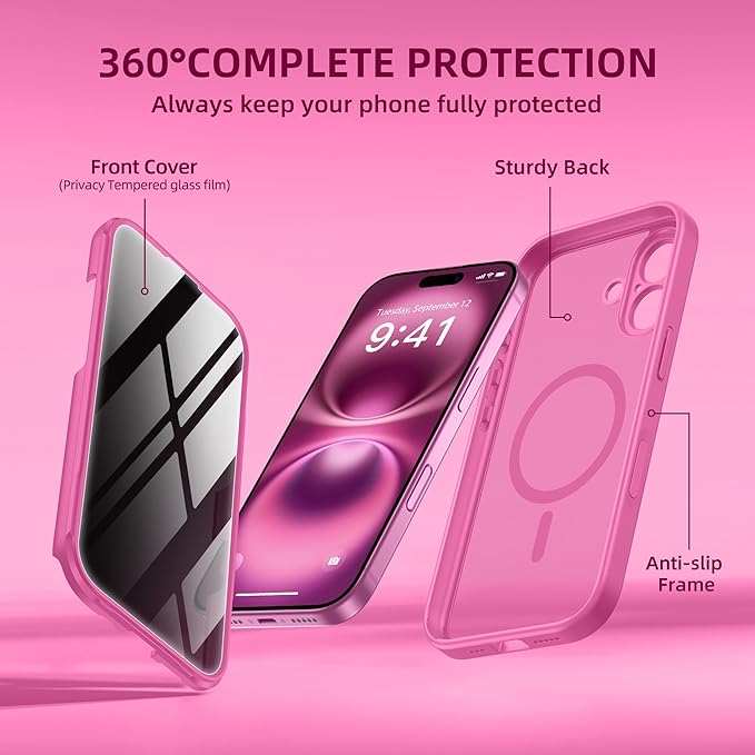 BERFY Magnetic for iPhone 16 Case, Compatible with MagSafe, Built-in Privacy Screen Protector and Upgraded Camera Protection, Anti-Spy Full Body Shockproof Phone Case for 16 6.1", Peony