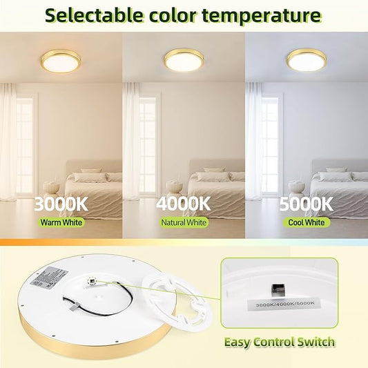 hykolity 2 Pack 9 Inch Selectable CCT LED Round Flat Panel Light, 18W 1800LM 3000K/4000K/5000K, Edge-Lit Flush Mount Ceiling Light Fixture for Kitchen, Bedroom, Laundry and Closet Room,Gold