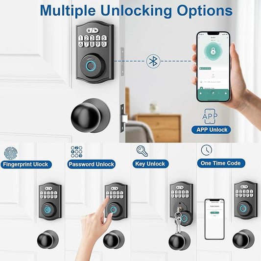 BAFUWEIY Fingerprint Door Lock with Door Knobs Set, Keyless Entry Door Lock Deadbolt with Handle, Smart Front Door Lock Set with APP Control/Fingerprints/Passwords/Auto-Lock/Easy Installation Black