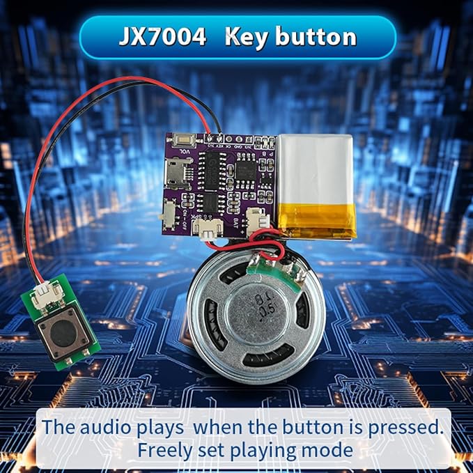 Voice Module,MP3 Music Sound Chips, 16MB Sound Module for Crafts, Christmas, New Year Greeting Cards, Box with Speaker Lithium Battery Powered and USB Cable. (JR-JX7004-Button Sound Module)