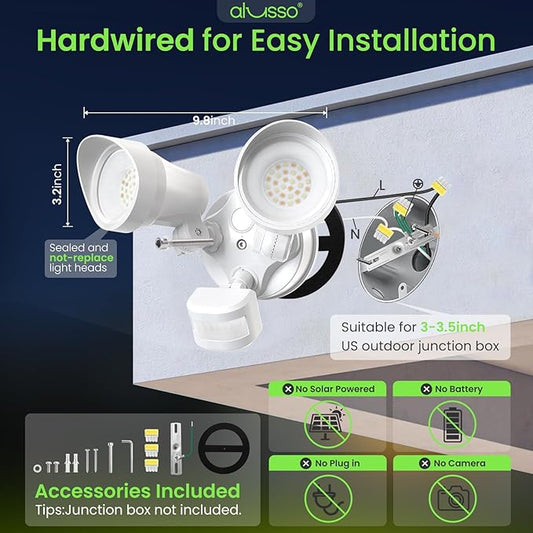 ALUSSO Motion Sensor Outdoor Lights, 30W 3500LM Flood Lights Outdoor, 3 Modes (Dusk to Dawn/Auto/On Time), 3CCT 3000K/4000K/6500K Waterproof Hardwired ETL Listed, Porch Garage Flood Light, White 1PC