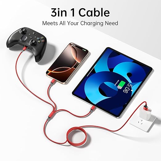 Multi Charging Cable, 4ft 2Pack Multi Phone Charger Cable Braided Universal 3 in 1 Charging Cord Extra Long Multiple USB Cable with USB C, Micro USB Port Connectors for Cell Phones and More(Red+Black)