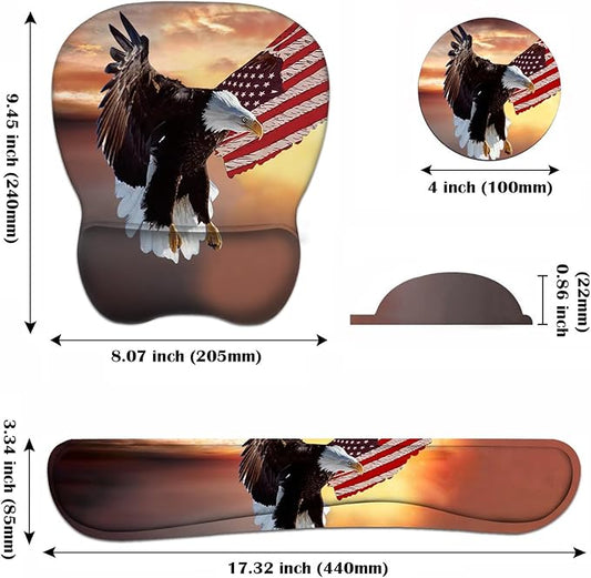 Ergonomic Mouse Pad Wrist Support and Keyboard Wrist Rest Set with Coasters, Non-Slip PU Base, Easy Typing & Pain Relief, Perfect for Home Office Working Studying, Patriotic American Flag Bald Eagle