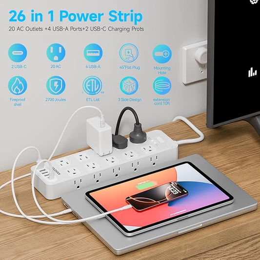 Solidock Power Strip Surge Protector Flat Plug with 20 AC Outlets 6 USB Chagring Ports, 1875W/15A, 2700J, 10 Ft Heavy Duty Extension Cord for Home, Office, Dorm, Gaming,ETL Listed (White, 10FT)