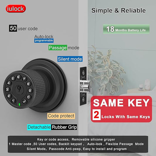 iulock Smart Door Knob with Keypad and Key,Keyless Entry Door Lock with Rubber Grip, Auto Lock,50 User Code,Waterproof, Easy to Install and Program for Bedroom (Matte Black Same Key 2 Pack)