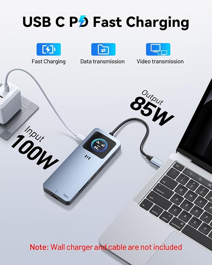 Laptop Docking Station Dual Monitor, 12-in-1 USB C Docking Station with Smart LCD Display, 2 HDMI Ports+100W PD+10Gbps USB-C/A+2.5G Ethernet+SD/TF,Docking Station for Dell/HP/Lenovo Laptop