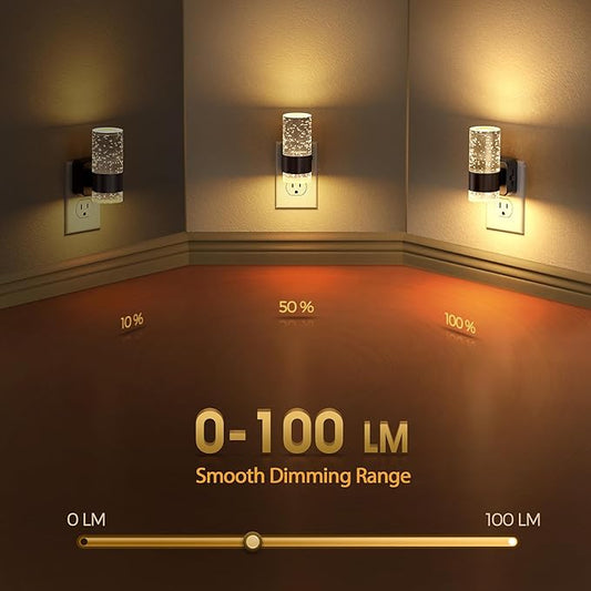 Briignite Night Light, Dimmable Night Lights Plug into Wall, LED Night Light with 0-100 LM Adjustable Brightness, 3000K Automatic Plug in Night Lights with Dusk to Dawn Sensor, for Bathroom Hallway