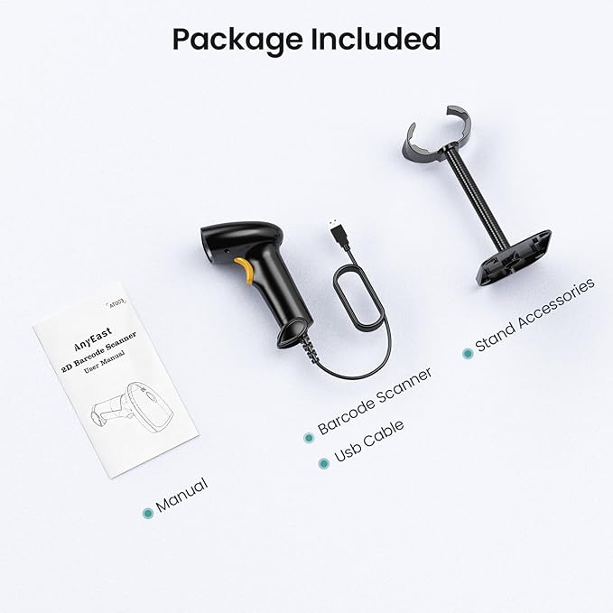 Anyeast Barcode Scanner with Stand: USB Wired Inventory 2D 1D QR Code Scanner,Compatible with Computer POS MAC with Automatic Scanning, Handheld Barcode Reader for Library Supermarket(Yellow)