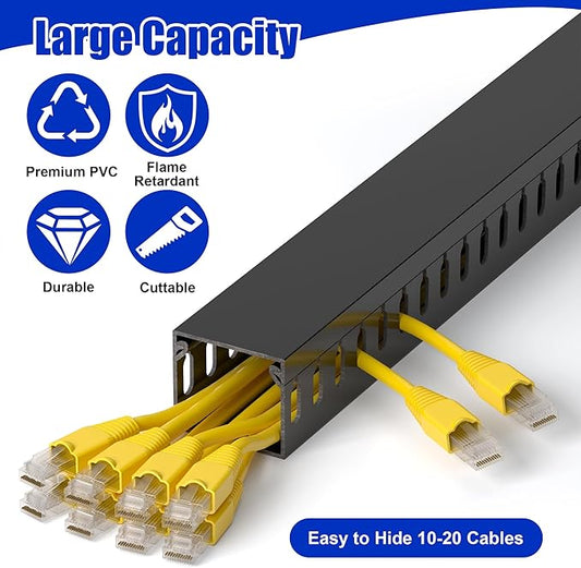 ZhiYo H1.4 x W1.6in Server Rack Cable Management Raceway, 94.5in(6X L15.7in) Cable Raceway Kit, Electrically Safe PVC Open Slot Wire Cord Hider for Under Desk/Computer/Network Cords, Black