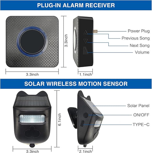 HoneTeek Solar Driveway Alarm, Wireless 600ft Range Driveway Motion Sensor Alarm Weatherproof, Weather Resistant Motion Sensor & Detector Outdoor, Home Security Alert System-1 Sensor & 1 Doorbell