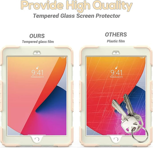 BLOSOMEET Girls Cute Case for iPad 9th Generation 2021 10.2 Inch with Tempered Glass Screen Protector & Pen Holder,KidsProof iPad 8th/7th Gen 2020 2019 Cover w/Kickstand Handle Shoulder Strap,RoseGold