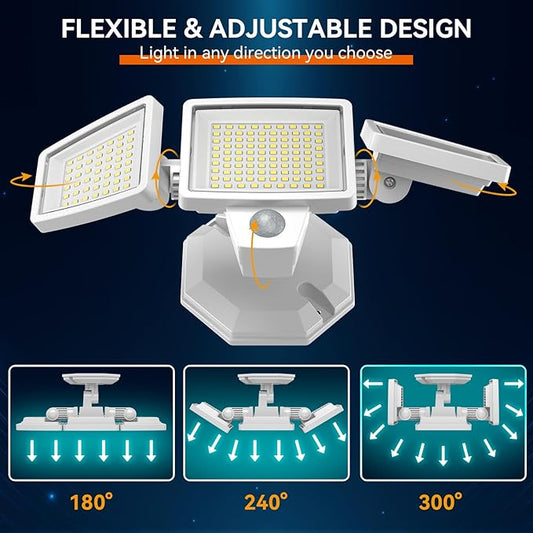 PURICH LED Security Lights Motion Sensor Outdoor Lights, 5000K Daylight, IP65 Waterproof, Dusk to Dawn, 3-Head Motion Detected Flood Light for Garage, Yard, Porch, White, 2 Pack