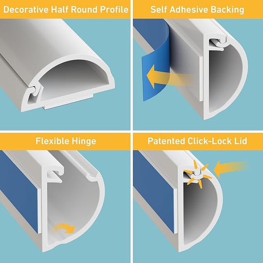 D-Line Half Round Cord Hider, Patented Cable Cover, Hide TV Wall Mount Wires, Raceway for Cords, Decorative Wire Covers, Paintable, Adhesive Cable Concealer, 1x 0.78in W x 0.39in H x 39in L,White