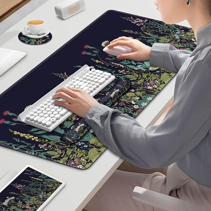 ToLuLu Desk Mat, XXL Large Mouse Pad Wrist Support Set,4 in1 Gaming Mousepad Desk Pad+ Ergonomic Mouse Pad with Wrist Rest + Keyboard Wrist Rest+Coaster for Home Office Computer Table, Weeds Plants