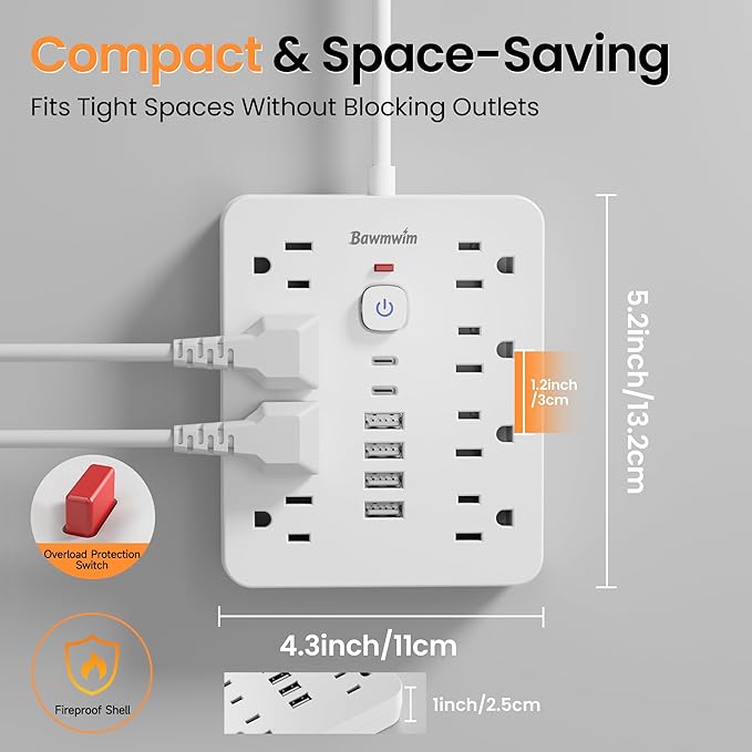 Bawmwim Surge Protector Power Strip - 8 Outlets(1250W/10A) 4 USB A(2 USB C, 10FT Flat Plug Extension Cord, Wall Mount Multi Plug Outlet Extender, ETL Listed for Home, Dorm Room