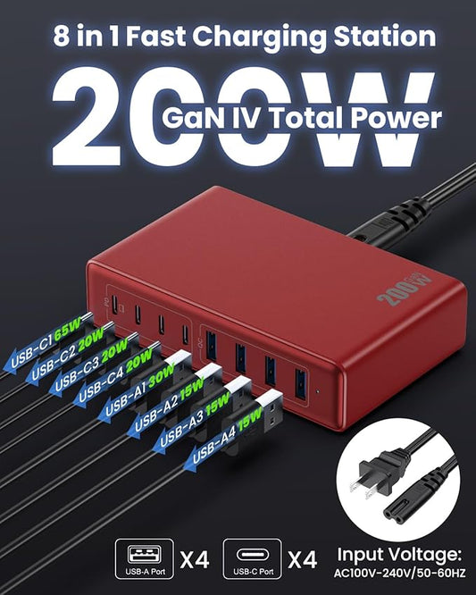 200W USB C Charger Block,8-Ports GaN III Fast Charging Station Hub,QC4.0+PD 65W Laptop Charger Wall Chargers Power Adapter for MacBook Pro/Air,DELL,Steam Desk,iPhone 17/16/15,iPad,Galaxy S25,Pixel-Red