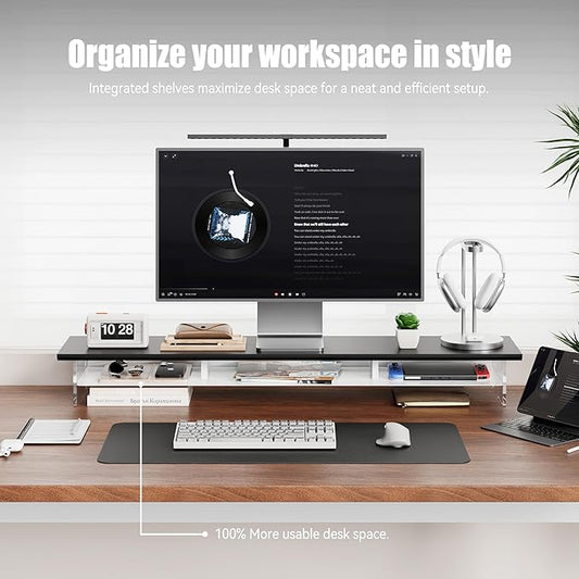 FENSULN Dual‑Tier Monitor Stand for Modern Desk Setup – Minimalist Wooden and Metal Riser Shelf with Transparent Acrylic Feet for Dual Monitors, Laptops, Home Office Aesthetic,Black and White