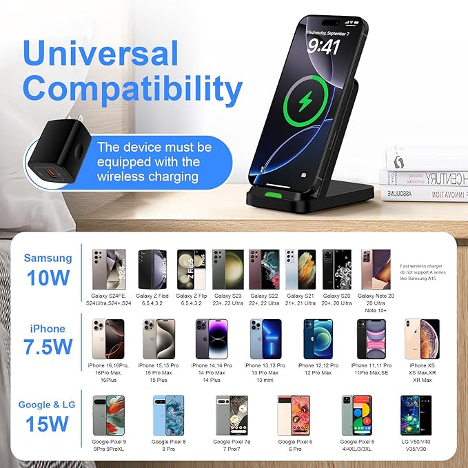 Wireless Charger Fast Charging Stand for Samsung Galaxy S25 FE/S25Ultra/S24 Plus/S23+/S22/S21/S20/S10, Wireless Phone Charger Android Desk Charging Station for Google Pixel 9 Pro XL/8 with 18W Adapter
