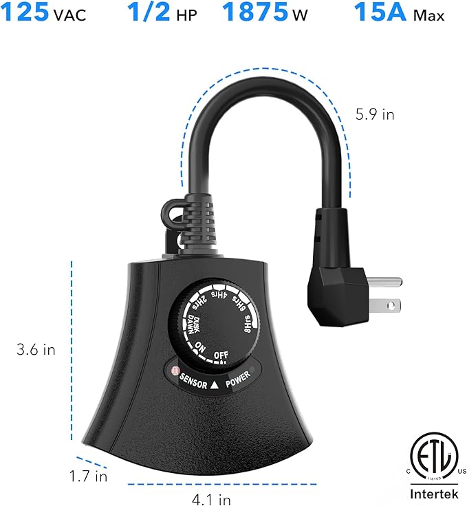 HBN Outdoor Light Timer Waterproof, Weatherproof Photocell Dusk to Dawn Light Sensor, 2/4/6/8 Countdown Timer, 3 Grounded Outlet for Christmas Lights,Hallowen Deceration,1875W 15A 1/2HP