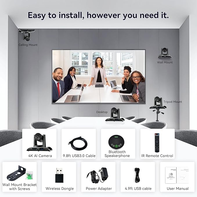 TONGVEO 4K Conference Room Camera System, AI Auto-Tracking PTZ Camera 5X Digital Zoom with Speakerphone Set 120ยฐ Wide-Angle USB3.0 for Zoom YouTube Teams OBS and More