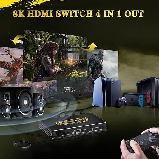 CORSAHD 4K@120Hz HDMI 2.1 Switch 4 in 1 Out with Audio Extractor,48Gbps,HDCP 2.3,HDR 10+,ARC,VRR,ALLM,CEC,IR Remote,Optical SPDIF 5.1Ch,AUX L/R 3.5mm 2.1Ch,HDMI Switcher 4x1,4 Port HDMI Selector
