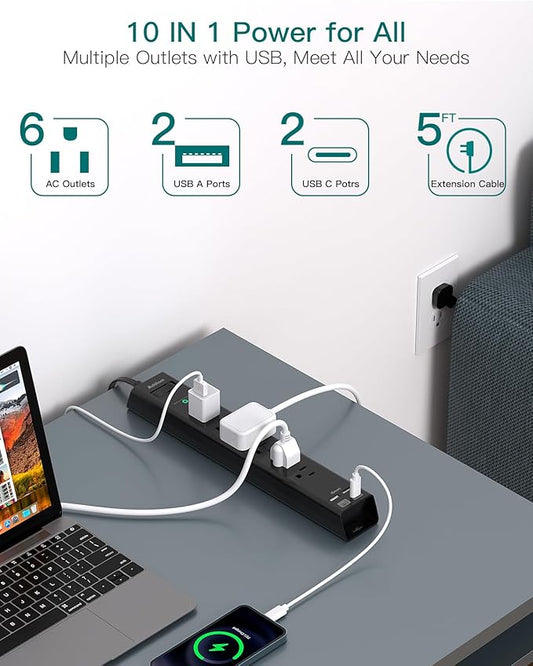 Flat Plug Extension Cord, Addtam 5Ft Surge Protector Power Strip with 6 AC Outlets 4 USB, Wall Mount, Desk Charging Station for Office School College Dorm Room Essentials, ETL Listed