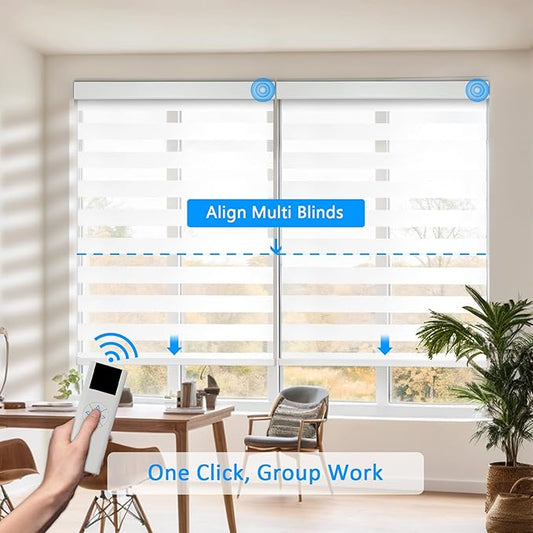 COOLWINDS Motorized Zebra Blinds for Windows Cordless Electric Curtains with Remote Control Blackout Shades Custom Smart Blinds Compatible with Alexa Google Home(Light Filtering White,W50 X 72in)