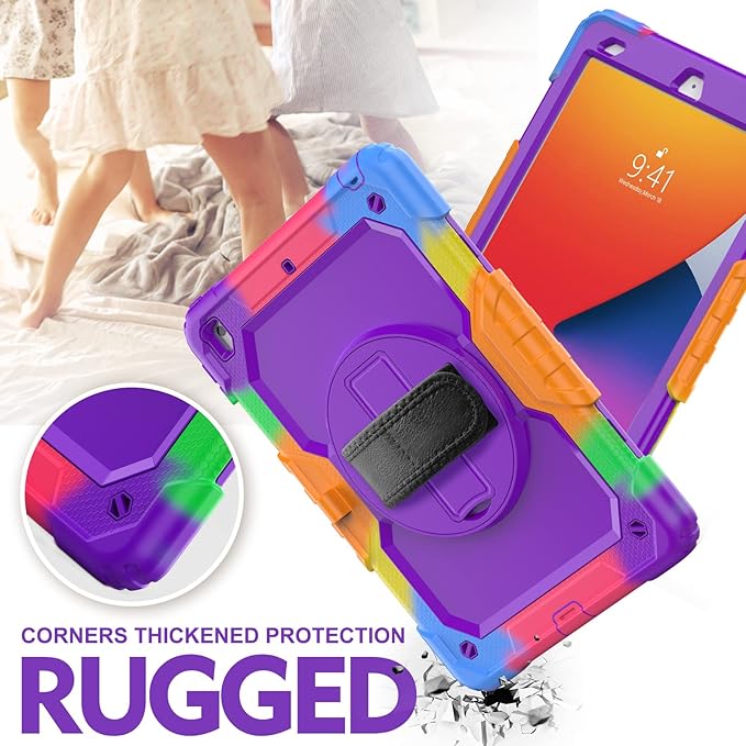 BLOSOMEET Case for iPad 9th/8th Generation 2021/2020 10.2 Inch with Tempered Glass Screen Protector |Rugged Shockproof iPad 7th Gen Kids Cover 2019 w/Stand Pencil Holder & Hand Shoulder Strap|Purple