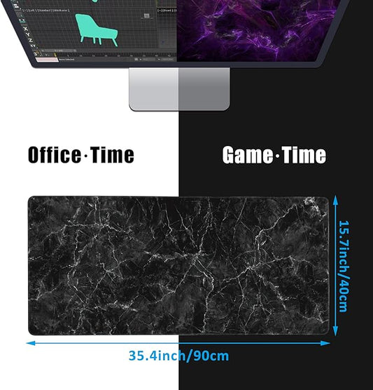 EOBKLAX Black Marble Texture Desk Mat,Large Gaming Mouse Pad,Non-Slip Rubber Base Desk Pad with Stitched Edges for Desk Office Home Decor 35.4X15.7 Inch