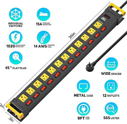 CRST 12 Outlet Heavy Duty Metal Power Strip with Individual Switches, 9FT Surge Protector Power Strip with Cord Managment, 15A/1875W 1020J Wide Spaced Outlets for Garage, Workshop, Home, School