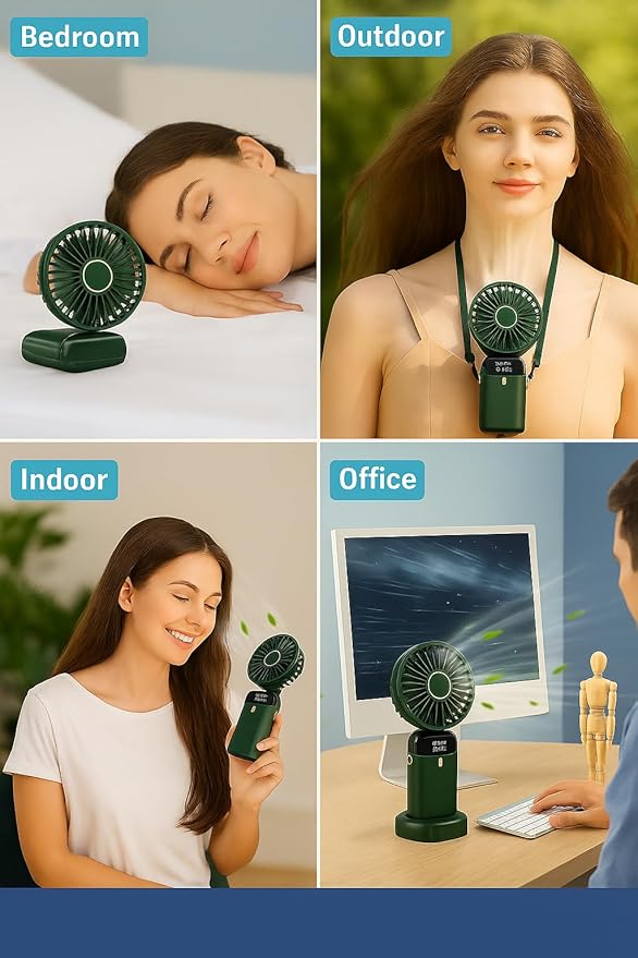 AMPMG LED Digital Display Rechargeable Fan β Portable Handheld & Desk Fan with Adjustable Speeds, USB Charging, Quiet Operation, and Base Stand for Home, Office, Travel and Outdoor Use (Green)