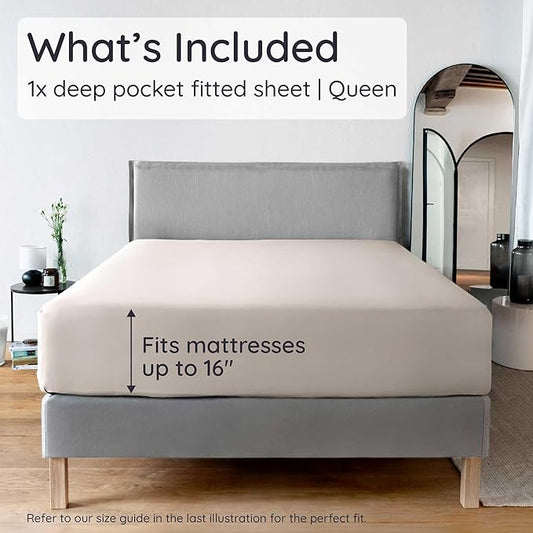 Bambaw 100% Viscose Derived from Bamboo Fitted Sheet Queen Size, Cooling Fitted Sheet Only, 16’’ Deep Pocket Sheets with Corner Straps, Queen Size (Sand)