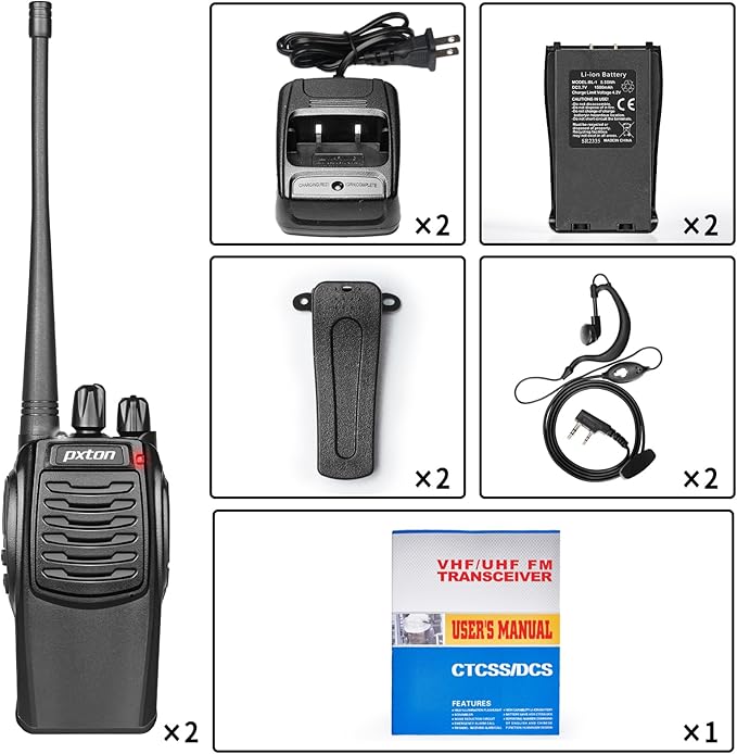 pxton S1 walkie talkies for Adults with earpieces and Rechargeable 1500mAh Li-ion Battery,walkie Talkie has VOX,TOT,Emergency Alarm,Battery Low Alert,Flashlight,Scan Function(2 Pack)