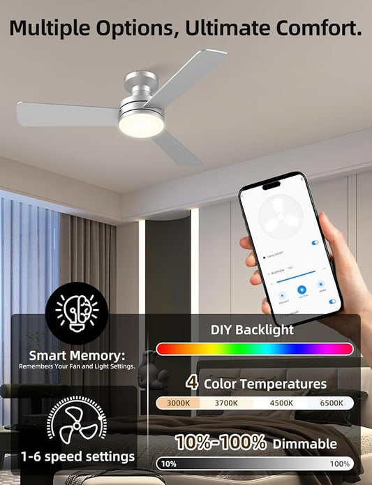 Homlit 42" RGB Ceiling Fan with Light, Music Sync Smart Fan with Alexa/Google/App Control, Low Profile Flush Mount, 6-Speed Quiet DC Motor, 4 CCT Dimmable Lighting for Bedroom Living Room, Silver