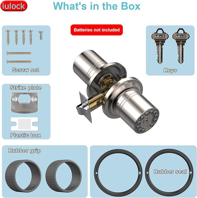 iulock Smart Door Knob with Keypad and Key,Keyless Entry Door Lock with Rubber Grip, Auto Lock,50 User Code,Waterproof, Easy to Install and Program for Bedroom Garage Office Gate (Satin Nickel)