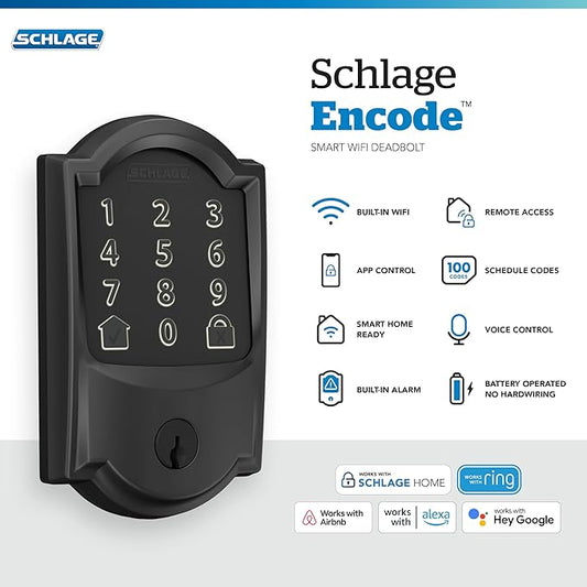 Schlage Encode Smart WiFi Deadbolt Lock for Front Door - Keyless Entry with App or Touchscreen - Works with Alexa, Hey Google, & Airbnb - Create Codes for Guests - Matte Black