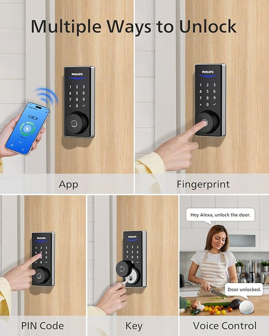 Philips Wi-Fi Smart Door Lock, Keyless Entry Door Lock with App Control,Fingerprint ID,Auto Lock,Keypad Deadbolt with Wi-Fi Bridge Adaptor,Smart Locks for Front Door-Matte Black