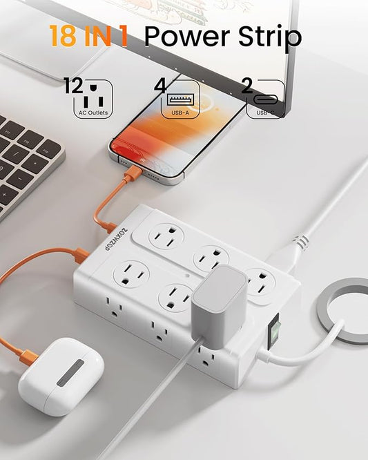 Zoxwzop Surge Protector Power Strip - 12 Outlets(1850W/15A) 6 USB Ports(2 USB C, 6FT Flat Plug Extension Cord, Wall Mount Multi Plug Outlet Extender, ETL Listed for Home, Dorm Room