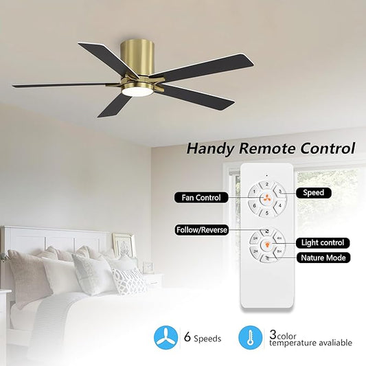 WINGBO 48" DC Flush Mount Ceiling Fan with Lights, 6-Speed Reversible DC Motor, 3CCT, Low Profile Hugger Ceiling Fan for Living Room Bedroom Kitchen, Brass Finish and Black/White Blades