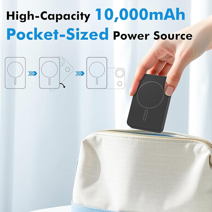 Magnetic Wireless Power Bank, 3-in-1 Portable Charger 10000mAh w/Kickstand, Battery Pack for MagSafe, Charging Station for iPhone 16/15/14/13, Apple Watch & AirPods, 15W Charger w/Stand