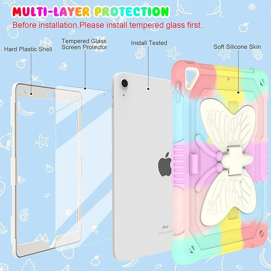 BLOSOMEET Pink Kids Case for iPad 9th/8th/7th Generation 2021/2020/2019 10.2 Inch with Tempered Glass Screen Protector & Butterfly Stand Cover for iPad 10.2 with Shoulder Strap Pencil Holder