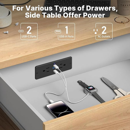 CCCEI Recessed Power Strip with Outlet and 65W USB C Ports, Furniture Flush Mount Power Strip, Small Desk Hidden Outlet for Conference Table, Nightstand, Black, 10FT.
