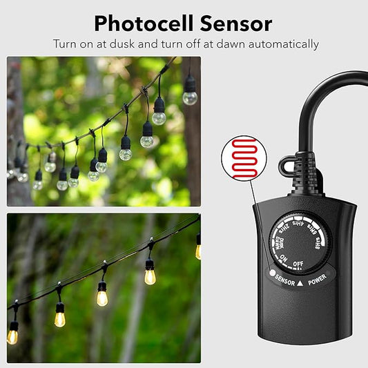 HBN Outdoor Light Timer Waterproof, Weatherproof Photocell Dusk to Dawn Light Sensor,2/4/6/8 Countdown Timer, 1 Grounded Outlet for Christmas Lights,Hallowen Deceration,1875W 15A 1/2HP