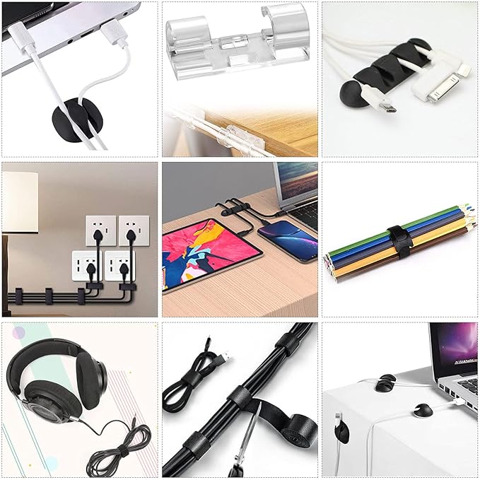 Cord Management Organizer Kit 4 Cable Sleeve split with 41Self Adhesive Cable Clips Holder, 10pcs and 2 Roll Self Adhesive tie and 100 Fastening Cable Ties for TV Office Car Desk Home