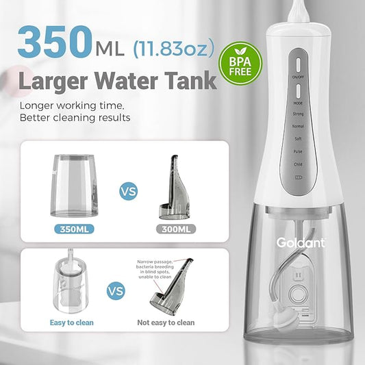 GOLDANT 350ML Water Dental Flosser Teeth Pick with Travel Bag, 5 Modes Portable Cordless Oral Irrigator Cleaner, Electric Rechargeable IPX7 Waterproof for Home Travel Teeth Cleaning flossing (White)