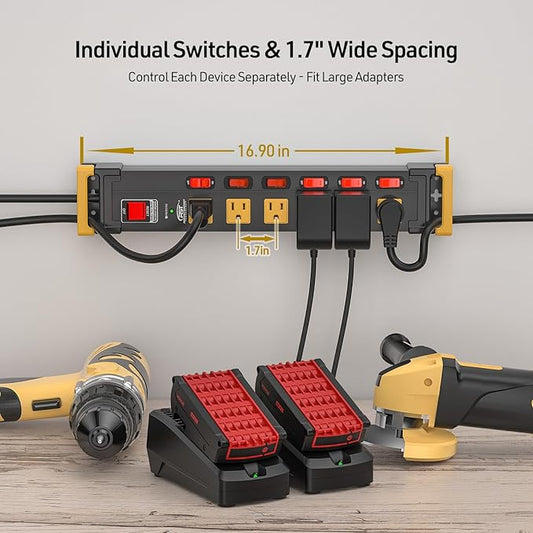 CRST 6 Outlets Heavy Duty Metal Power Strip with Individual Switches, 15A/1875W 1020Joules Surge Protector Power Strip with Cord Manager for Garage, Shop, Workspace, Home, Office, School. 6FT Cord