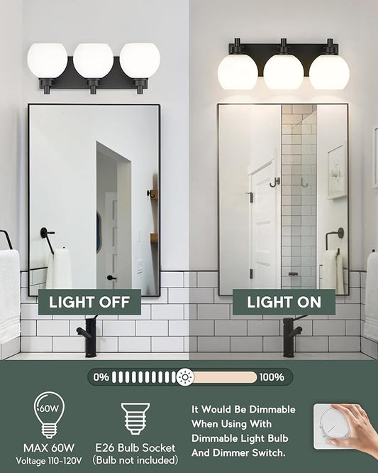 METWET Bathroom Light Fixtures, 3-Light Matte Black Vanity Light, Modern Wall Sconces with Milk White Globe Glass Shade, Vanity Lighting Fixtures Over Mirror, VL195-MB-ML-3